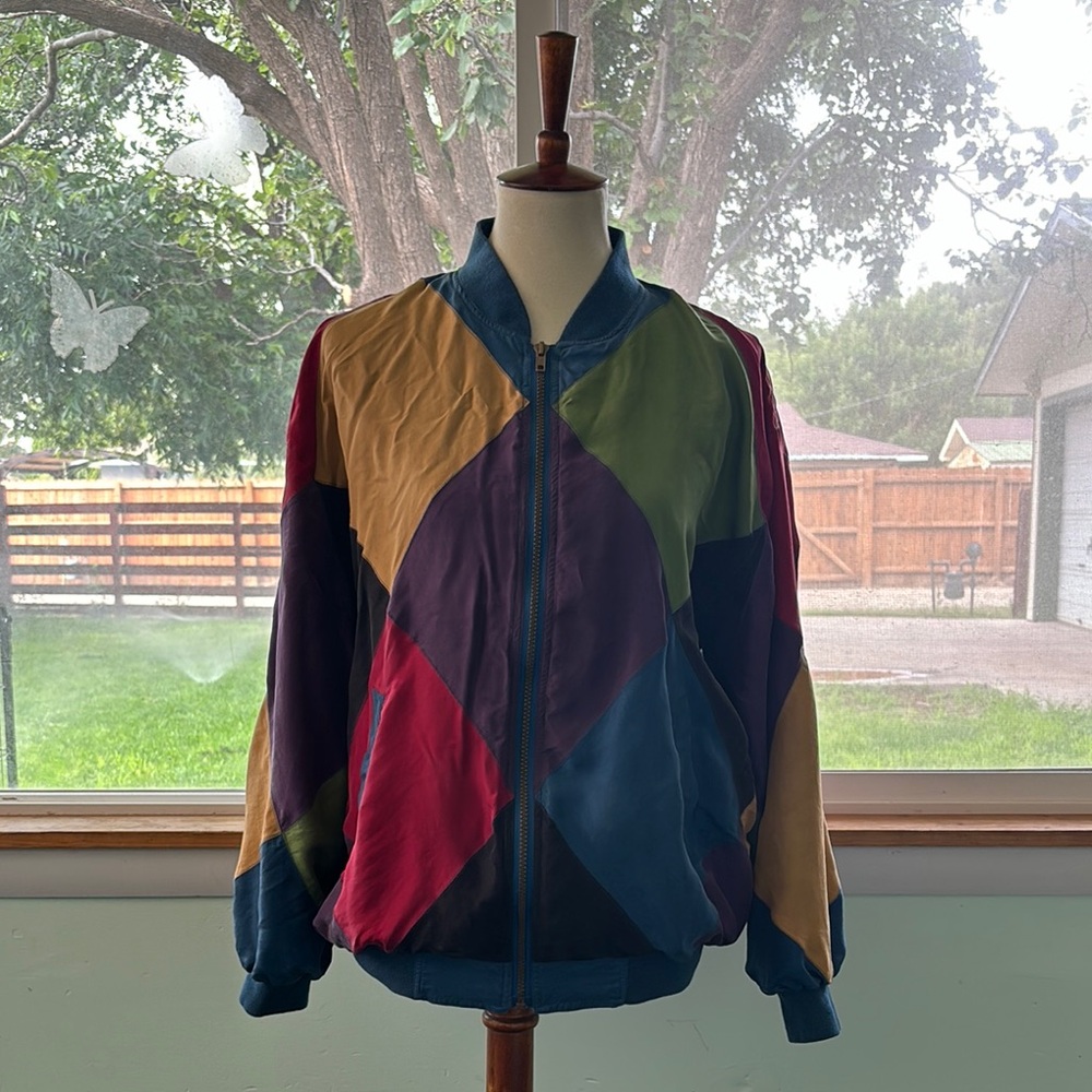 VINTAGE ATLANTIC BEACH COLORFUL PATCHWORK BOMBER ZIP UP JACKET